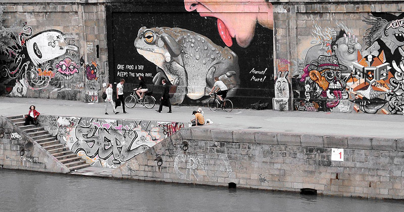 Street art along the Danube Canal in Vienna 