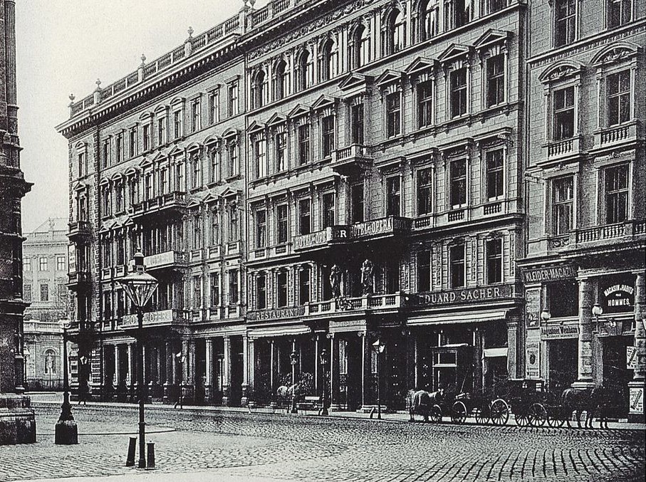 Old black-and-white photo of Hotel Sacher before Anna Sacher took over the manageent